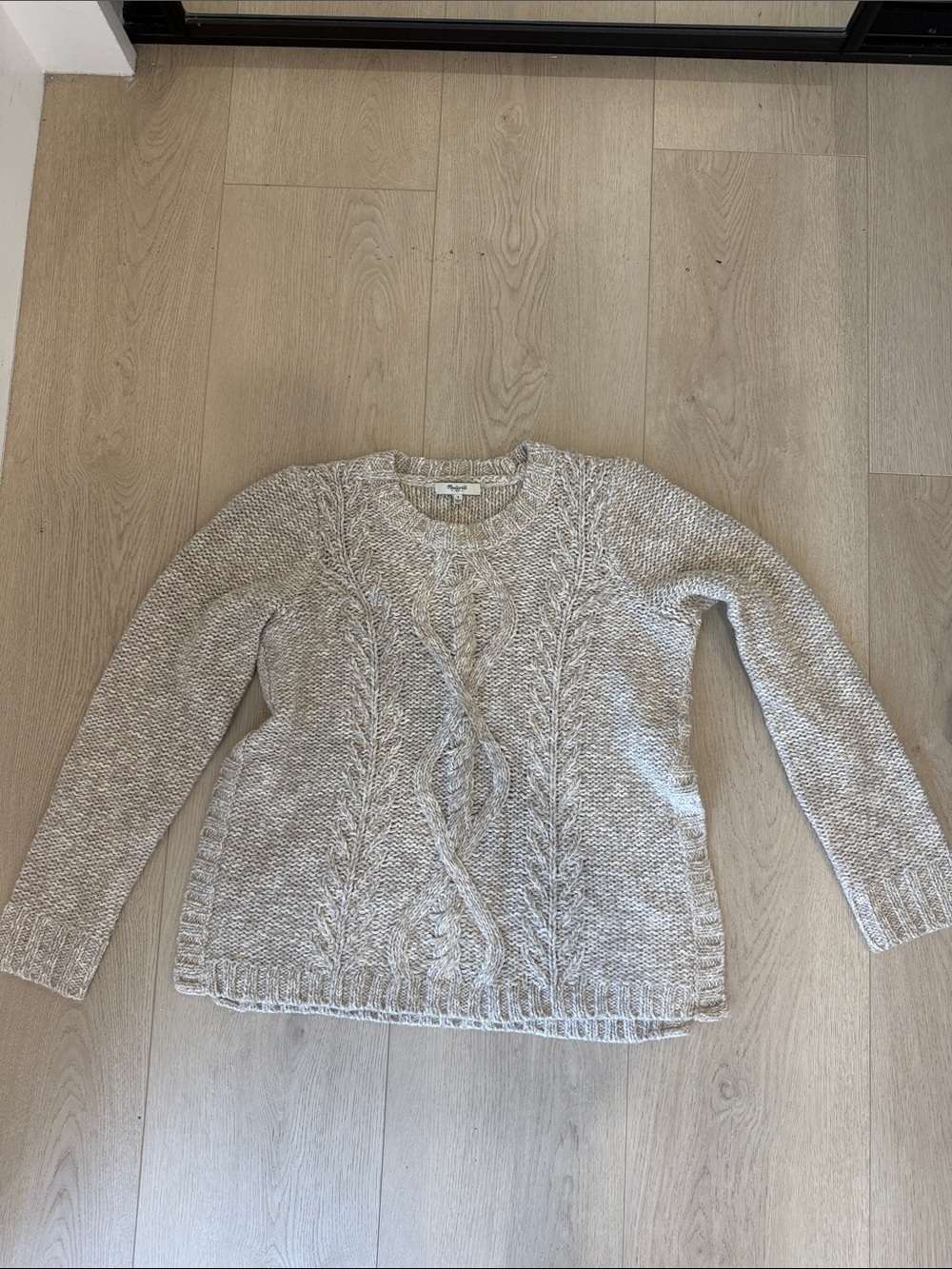 Madewell Beige Marled Cable-Knit Crewneck Sweater